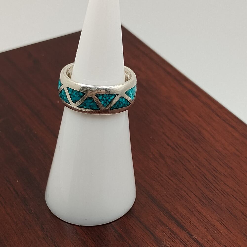 Turquoise Chip Inlay Sterling Silver Ring Size 4.25